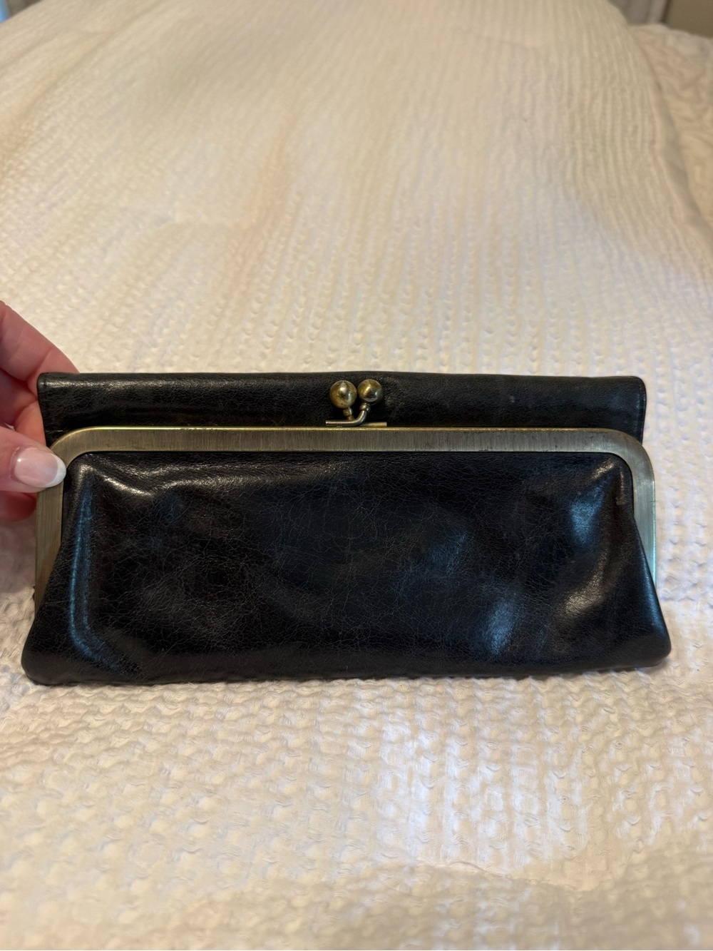 HOBO Black Leather Kiss-Lock Clutch with Brass Frame